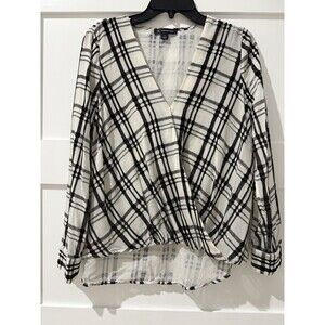 INC Womens White V Neck Burnout Window Pane Print Blouse size medium